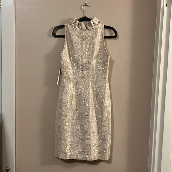NWT London Times Champagne White Gold Metallic Shiny Circle Embossed Dress 4 - Picture 9 of 11